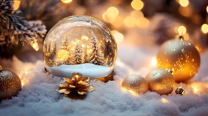 Snow globe surrounded by shimmering gold ornaments and soft holiday lighting