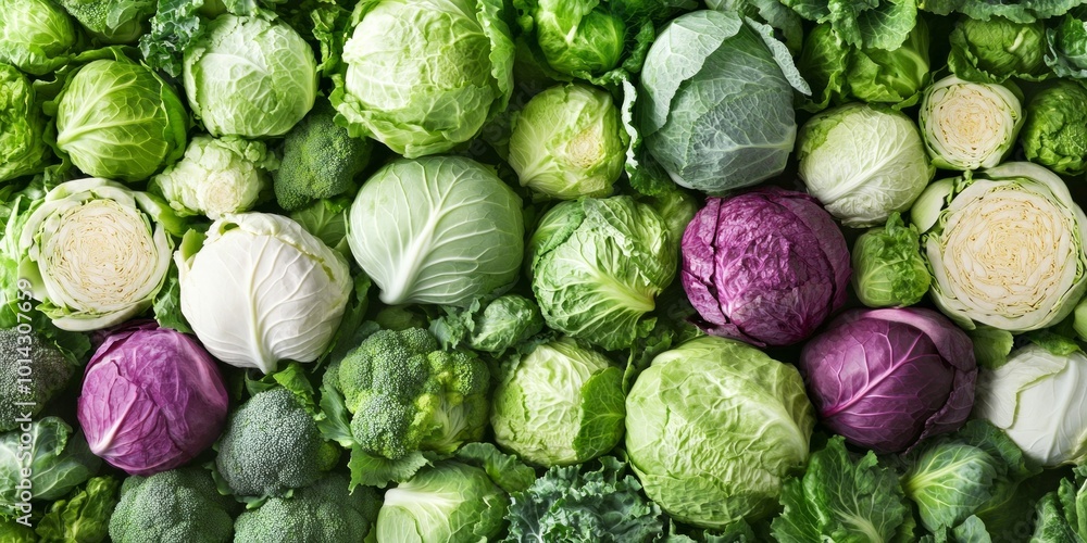Poster a vibrant array of fresh cabbages showcasing various colors and sizes. this image highlights the bea
