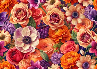 Vintage Floral Seamless Pattern of Anemones, Orchids, and Roses in Bright Orange and Purple for Home Decor and Textiles