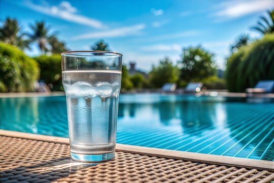 Glass of water by swimming pool on sunny day