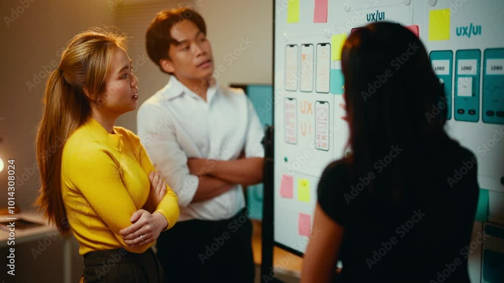Poster Team of web designers is discussing the user interface of a mobile application during a meeting. They are standing in front of a whiteboard with sketches of the app