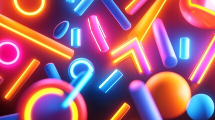 Colorful neon geometric shapes create a dynamic visual display in an abstract arrangement with vibrant hues and glowing lights.