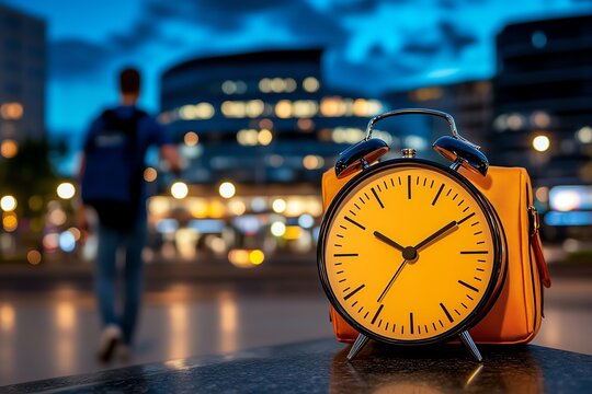 Traveler setting an alarm clock, making sure everything is packed and ready for tomorrowâ€™s early morning flight