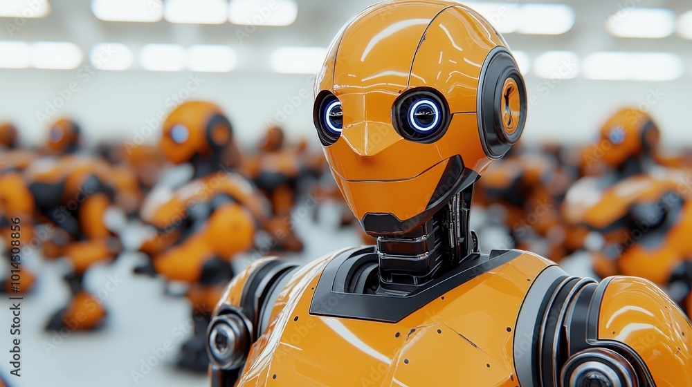Poster futuristic orange robot prototype in factory setting