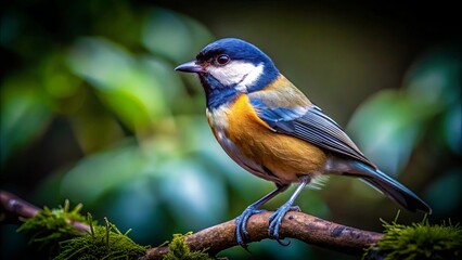Fototapeta premium A Tiny Bird Perched on a Branch with Moss, Its Vivid Blue, Yellow, and White Feathers Stand Out Against the Lush Green Background
