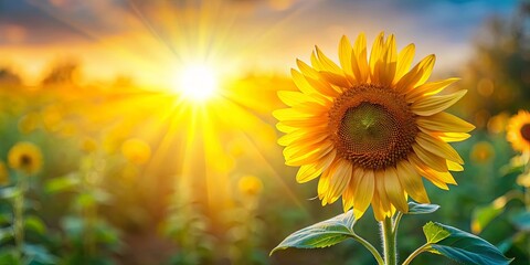 Obraz premium A vibrant sunflower basking in the warm glow of the setting sun, its golden petals reaching towards the radiant light, a symbol of nature's beauty and resilience.