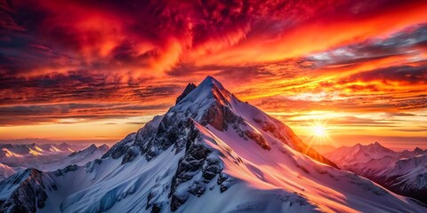 A mountain peak bathed in the fiery hues of a breathtaking sunrise, as clouds of orange and red dance across the sky, casting long shadows on the snow-covered slopes.