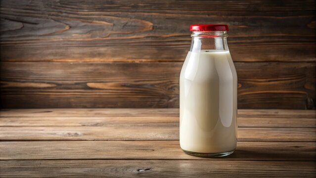 A Classic Glass Milk Bottle with a Red Cap Stands on a Rustic Wooden Surface