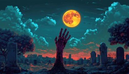 Fototapeta premium Zombie Hand Emerging from Graveyard on a Spooky Night