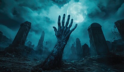 Zombie Hand Emerging from Graveyard on a Spooky Night