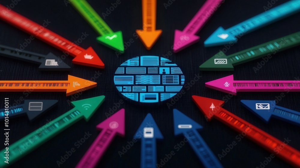 Aufkleber global connection arrows pointing to central hub with language scripts and icons