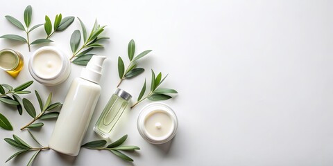 A minimalist arrangement of skincare products and delicate green foliage, creating a tranquil and inviting aesthetic for self-care and wellness.