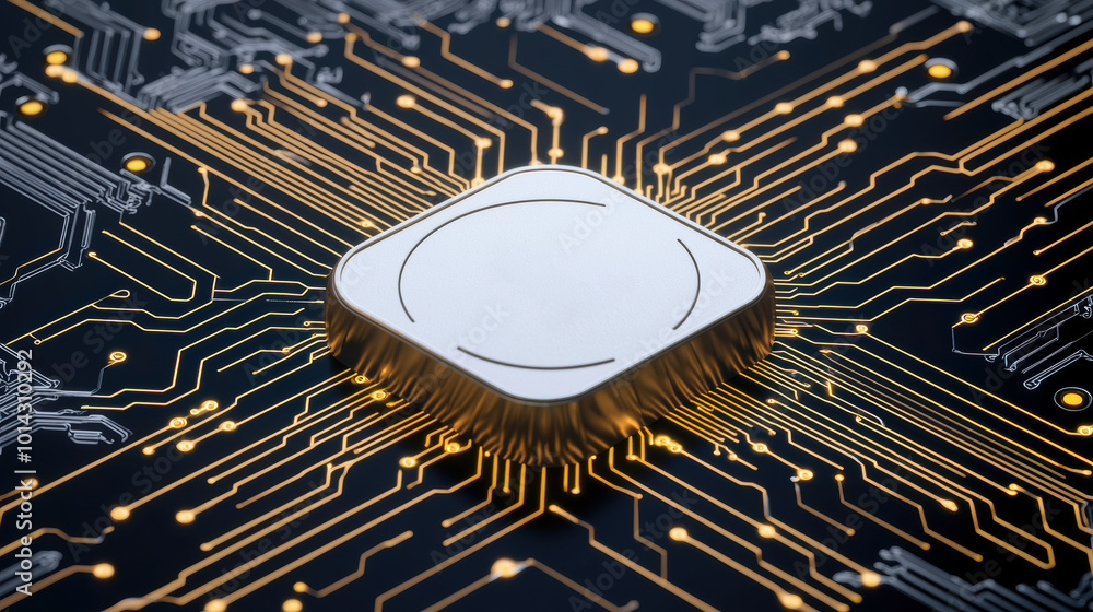 Poster close-up view of a modern microchip on a circuit board, symbolizing advanced technology and digital 