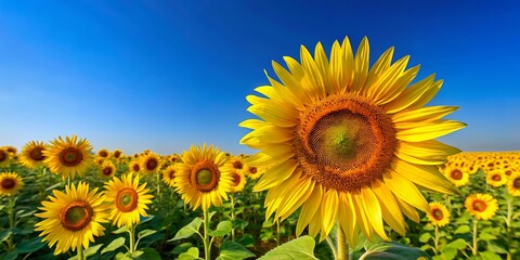 Obraz premium Sun-Kissed Blooms Bathed in Golden Light, a Symphony of Yellow Petals Against a Vibrant Blue Sky