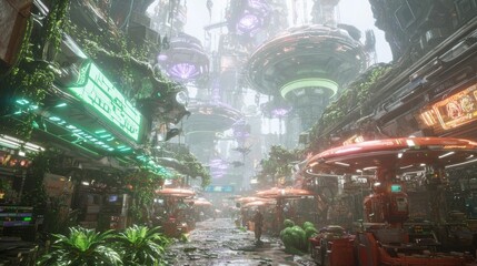 Obraz premium Alien Market: Futuristic Space Colony Concept Art with Diverse Species, Advanced Technology, and Vibrant Stalls in Cinematic Detail