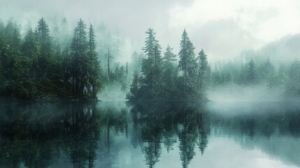 Misty morning on a serene lake, reflecting tall pine trees and a blanket of fog.