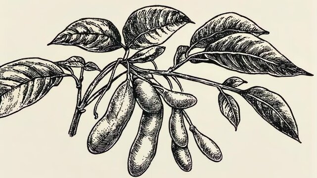 A detailed illustration of a branch of a tree with leaves and seed pods