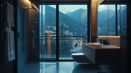 Modern bathroom with a stunning mountain view during twilight in a luxury hotel suite