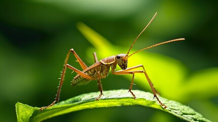 Fototapeta premium Close-Up of a Grasshopper on a Green Leaf