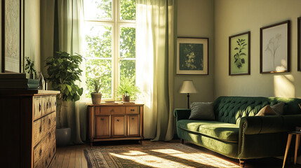 Cozy interior of a sunlit living room with plants and elegant furnishings in the afternoon