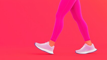 Woman s Legs in Pink Leggings and White Sneakers on Red Background