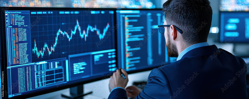 Aufkleber a business professional with a look of focus, using aipowered software to predict future business tr