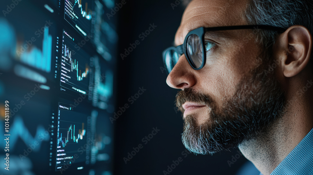 Poster a corporate executive expressing focus while visualizing future possibilities on a techpowered digit