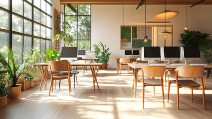 Obraz premium Bright modern office space with plants and computer desks in a large windowed environment