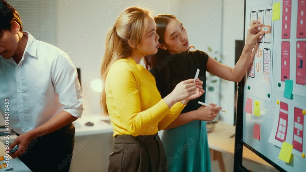 Poster Team of ui and ux designers are working together in their office, using sticky notes and a whiteboard to brainstorm ideas for a new mobile application