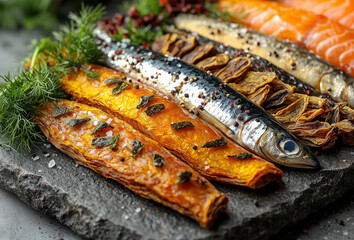 Assortment of dried fish from various regions arranged on a stone platter