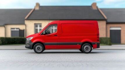 Red Delivery Van Parked in Residential Neighborhood with Copy Space