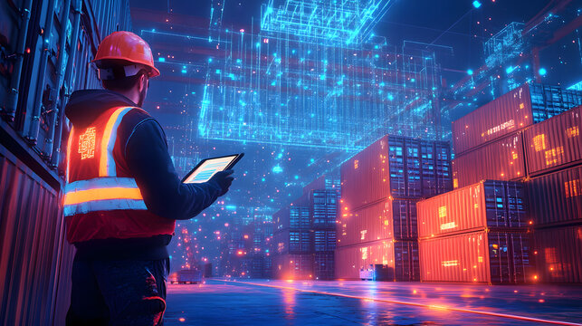futuristic industrial cargo warehouse management shipping yard containers engineer worker tablet oversee operation glowing digital lines smart technology modern high-tech AI artificial intelligence
