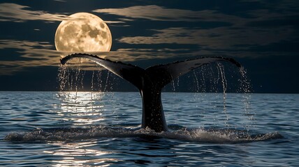 Fototapeta premium Whale tail under a glowing full moon at sea, JPG