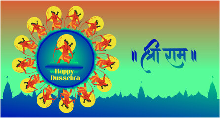 Naklejka premium Happy Dussehra festival of India, illustration of Lord Rama killing Ravana in Dussehra Navratri festival of India poster