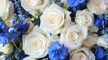 Obraz premium A bouquet of white roses interspersed with blue delphiniums