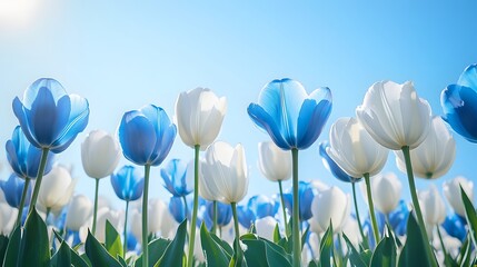 A field of blue and white tulips in full bloom under a clear sky