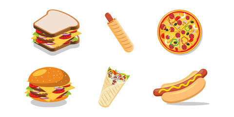 Fast food icons set. Cartoon style vector food items : sandwich hamburger hot dog pizza kebab french hot dog shawarma