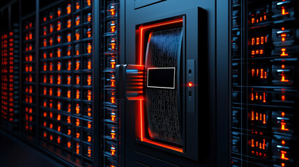 Advanced digital lock on a highsecurity vault, 3D illustration, Futuristic server room with glowing panels and data storage systems, showcasing advanced technology and digital infrastructure.