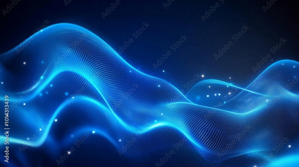 Poster abstract blue wave background with glowing particles, futuristic digital concept
