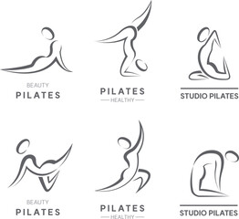 Pilates woman silhouette vector line icon set