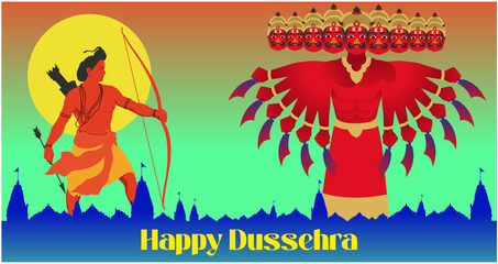 Happy Dussehra festival of India, illustration of Lord Rama killing Ravana in Dussehra Navratri festival of India poster