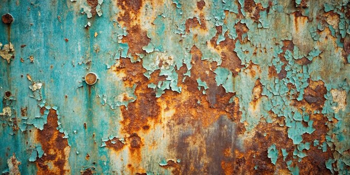 A weathered metal surface with peeling teal paint revealing the rust underneath, creating a tapestry of textures and colors.