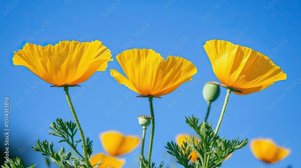 Wall mural three vibrant yellow poppies in full bloom against a clear blue sky.