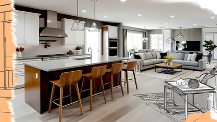 Home house apartment design sketch contemporary luxurious cozy modern wooden kitchen living room area construction interior architect drawing furniture