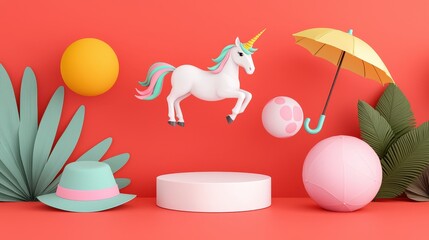 Fototapeta premium 3D Render of Unicorn Summer Elements Podium and Tropical Leaves
