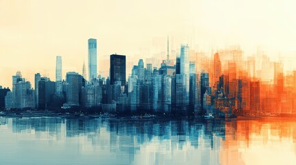 Fototapeta premium Abstract view of a city skyline influenced by economic policy changes, represented by digital overlays of economic data with neon light.