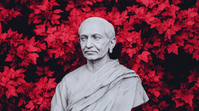 Mahatma Gandhi Statue with Red Leaves Background   Indian History  Freedom Fighter  Symbol - Powered by Adobe