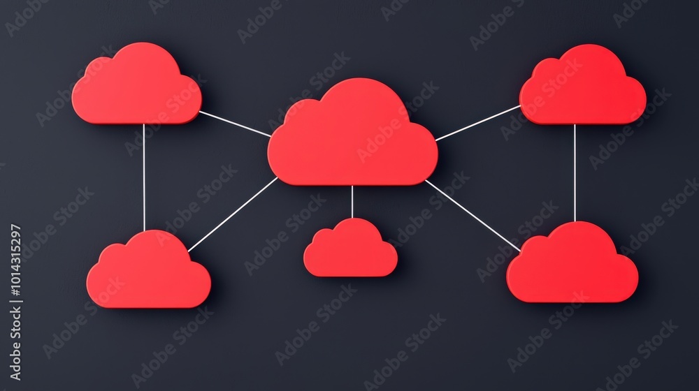 Poster red cloud icons connected by lines on dark background digital connectivity cloud techn
