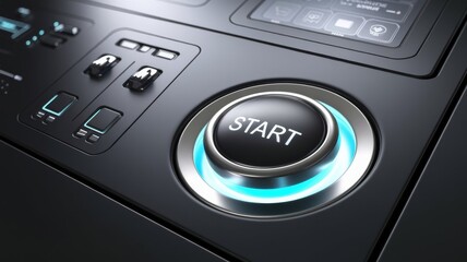 Fototapeta premium Red start and stop button luminous in the dark background.