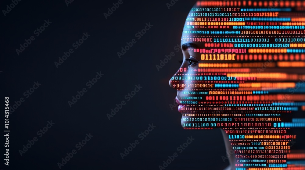 Poster woman s face digital binary code technology ai cyber security